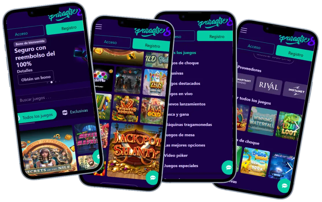 Paradise8 Casino en móvil con tragamonedas, menú de juegos y proveedores destacados