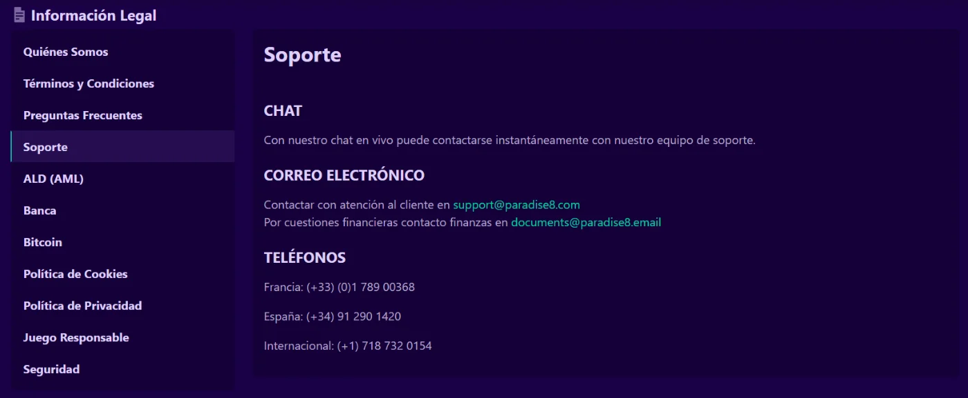 Paradise8 Casino sección de soporte con chat, correo y teléfonos de contacto
